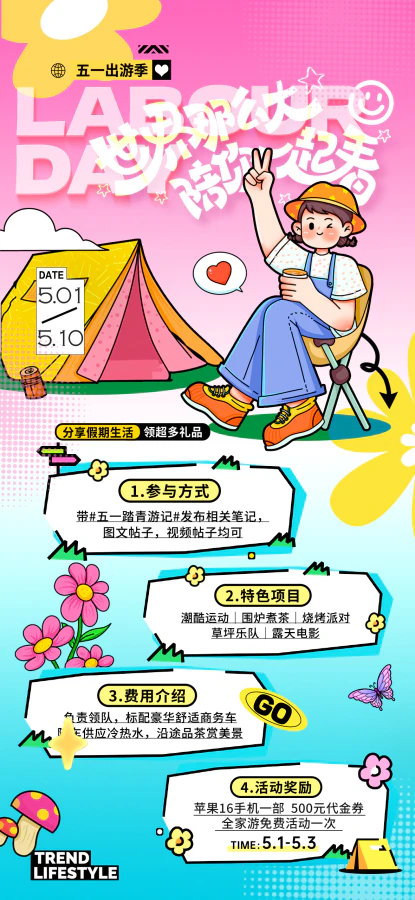 五一出游劳动节女孩卡通风格旅行露营春日夏日踏青营销促销海报设计psd源文件