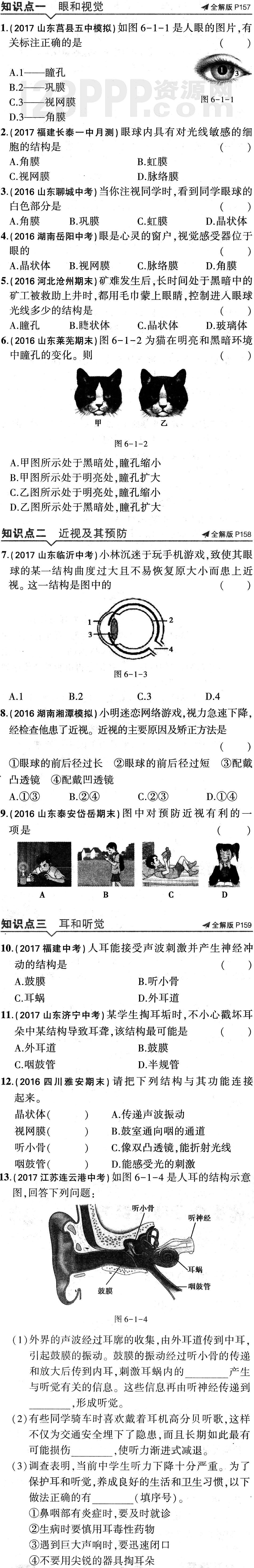 初一生物(人教版)七年级下册第6章第1节《人体对外界环境的感知》全练试题