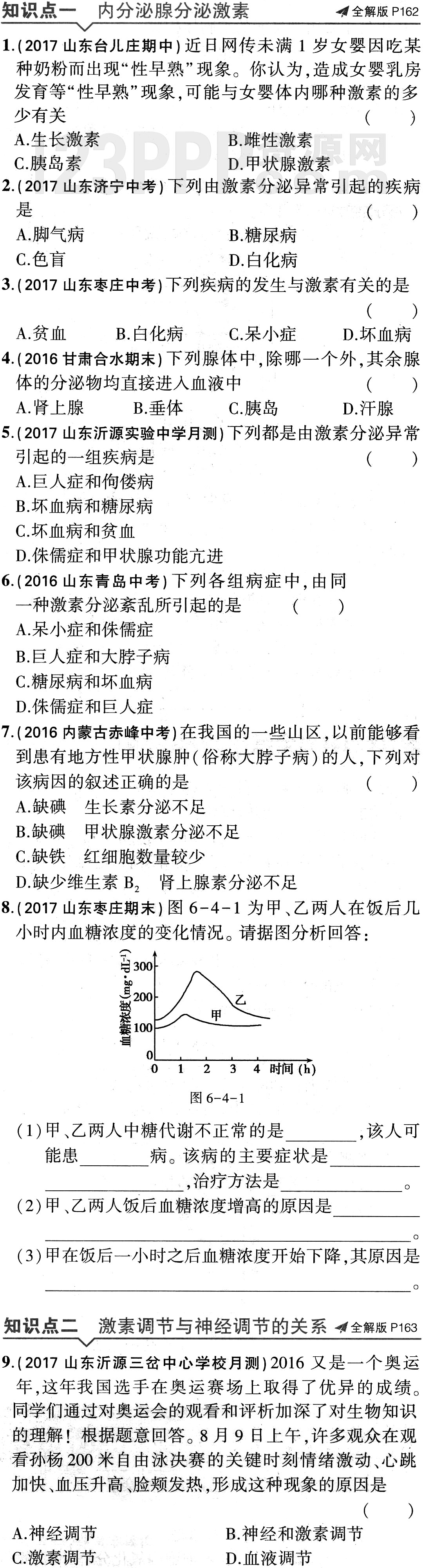 初一生物(人教版)七年级下册第6章第4节《激素调节》全练试题