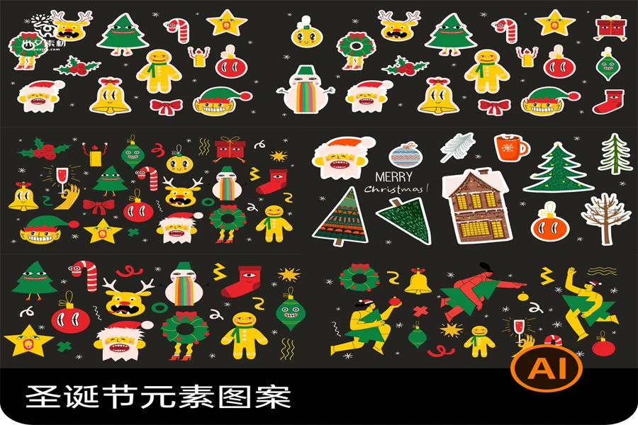 圣诞节圣诞老人圣诞树姜饼屋平安夜元素贴纸图案AI矢量设计素材