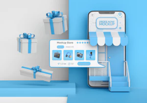 3D立体创意互联网智能科技手机APP商店应用UI手机智能样机PSD素材【005】