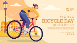 卡通扁平人物场景插画世界自行车日节日宣传海报PSD分层设计素材【004】