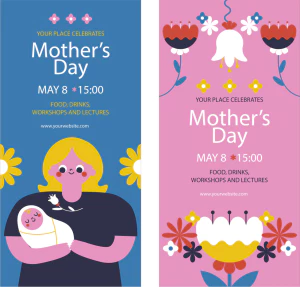 卡通趣味创意花朵母亲节节日快乐插画海报标签模板AI矢量手机素材【009】