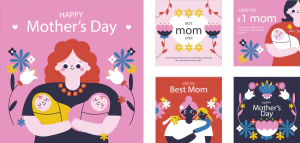 卡通趣味创意花朵母亲节节日快乐插画海报标签模板AI矢量手机素材【010】
