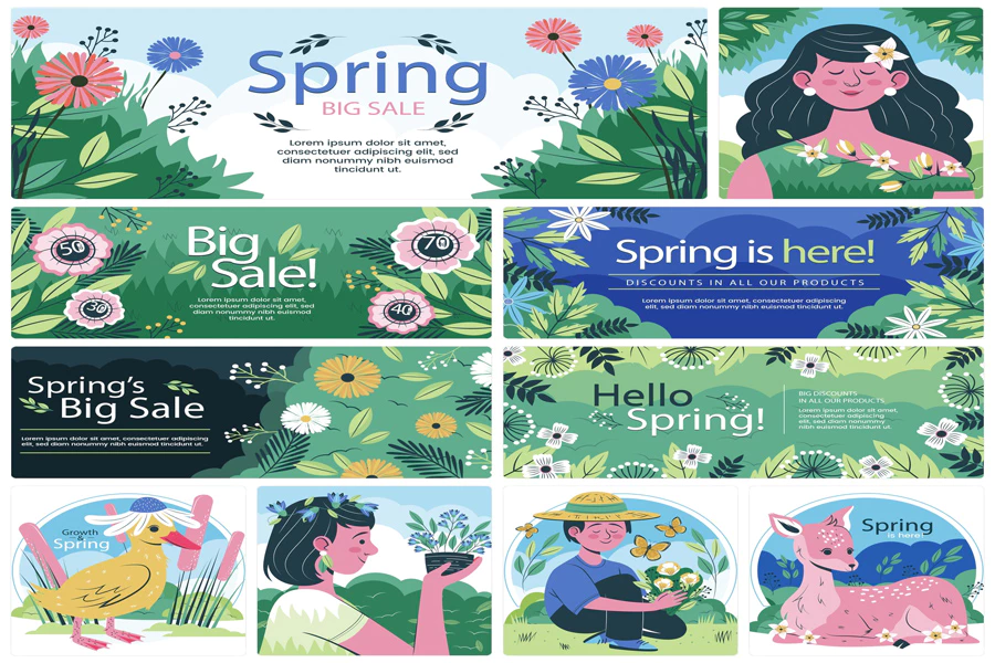 春季春天女性场景植物大自然插画模板AI矢量设计素材