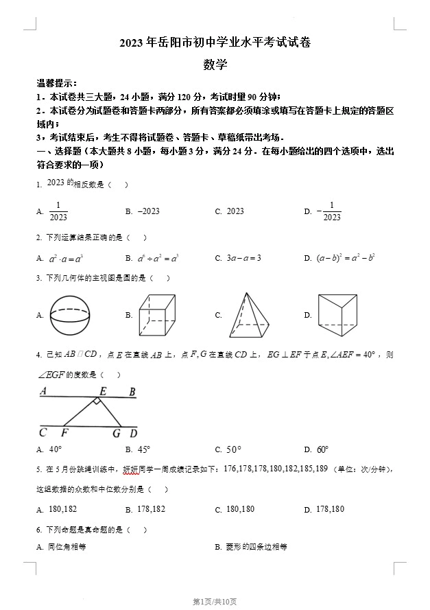 2023年湖南省岳阳市中考数学真题(含答案)(doc格式下载)[s1316]