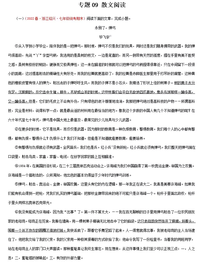 专题09：散文阅读－2022-2023学年七年级语文下学期期末备考专题复习(浙江专用)(含答案)(doc格式下载)[s1547]